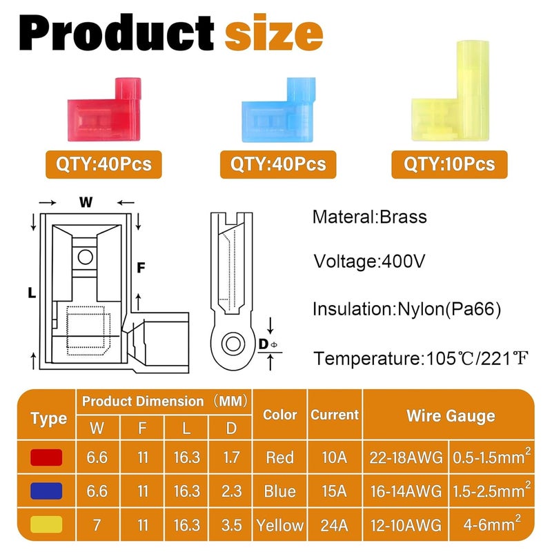JTAREA 90PCS 3 Values 90 Degree Right Angle Flag Spade Connector Wire Terminal Crimp Connectors Quick Disconnect Female Nylon Crimps Terminals for 22-18 16-14 12-10 AWG Gauge Wiring - Image 2